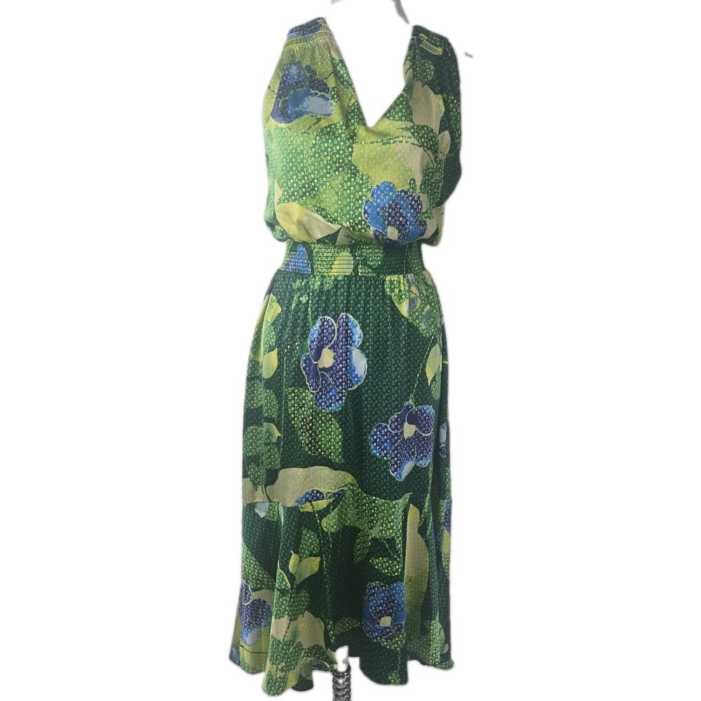 WHBM Size 2 Dress Green Floral Print Satin Sleeveless V-neck Hi-Low Smocked